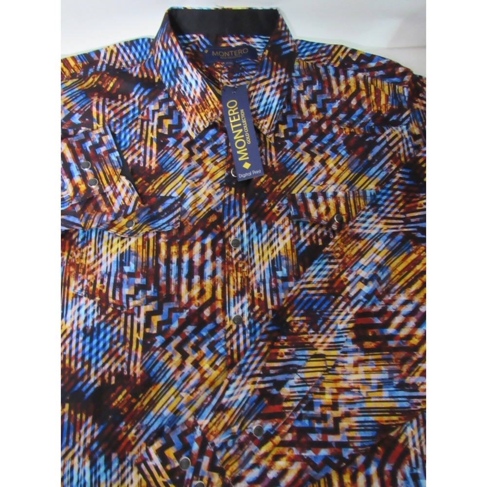 MONTERO Gold Contrast Collar Multi-Color Snap Button Sz 3XL Cotton Shirt